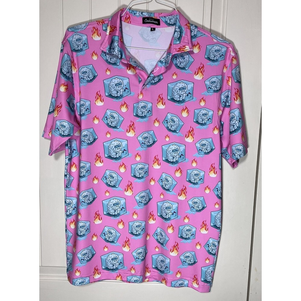 NWT Golf Snowman Mens Large Pink Ice Cube Flame Graphic Performance Polo Shirt